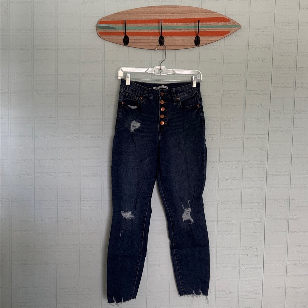 Dark Wash Distressed Button-Fly Jeans